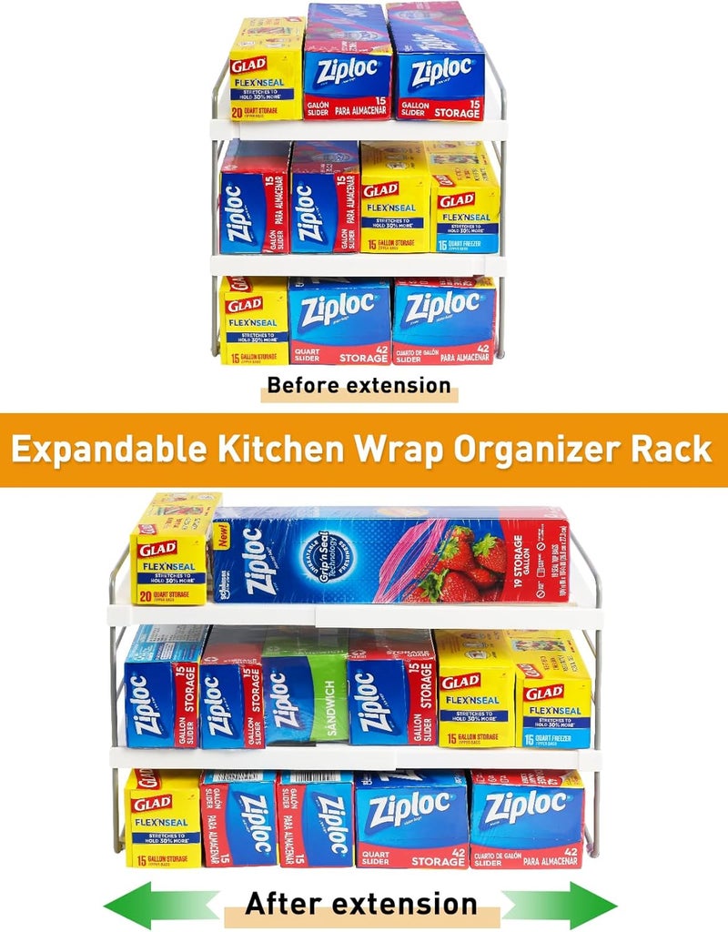 JUPELI Foil and Plastic Wrap Organizer, Expandable Kitchen Pantry Storage, Height Adjustable Cabinet Rack for Kitchen Organization, Aluminum Foil -3 Tier 9.8" to 15.6"L - Image 3